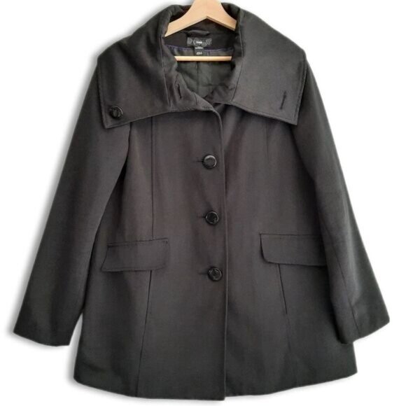 H&M | Wide Collar A-line Peacoat Jacket Water-Repellent Coat Black Sz 8 - Picture 1 of 9